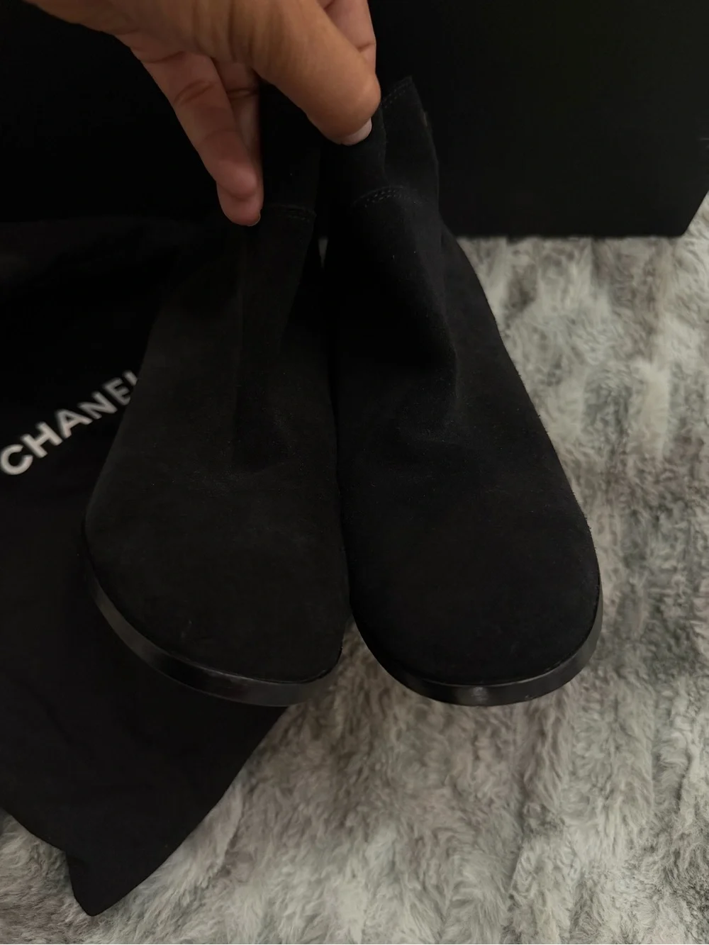 CHANEL Black Suede Ankle Booties with Sculpted Heel